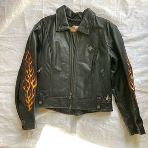 Harley Davidson Flames Embroidered Ride Free Zip Up Black Leather Large Jacket